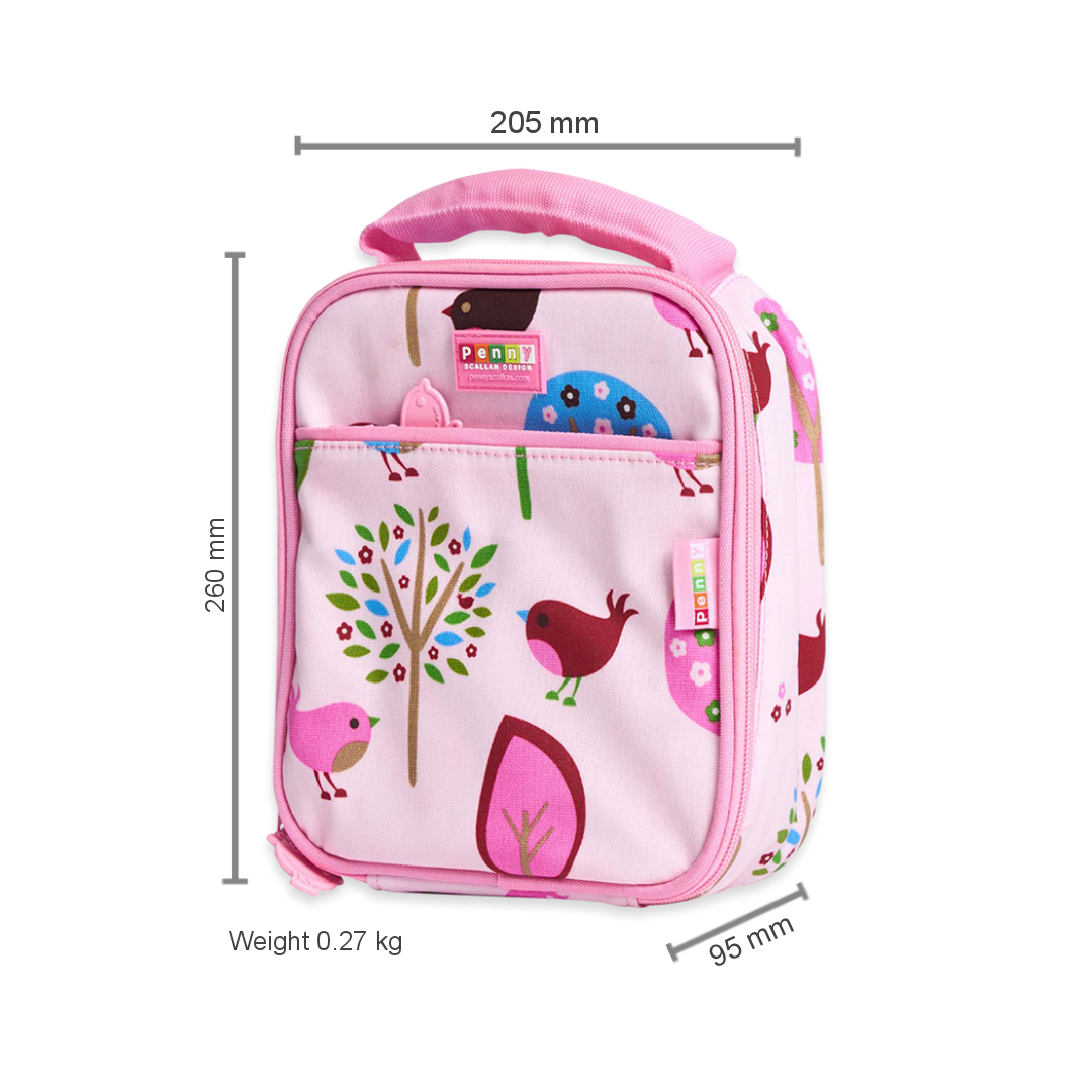 Penny Scallan Large Insulated Lunch Bag Chirpy Bird with dimension