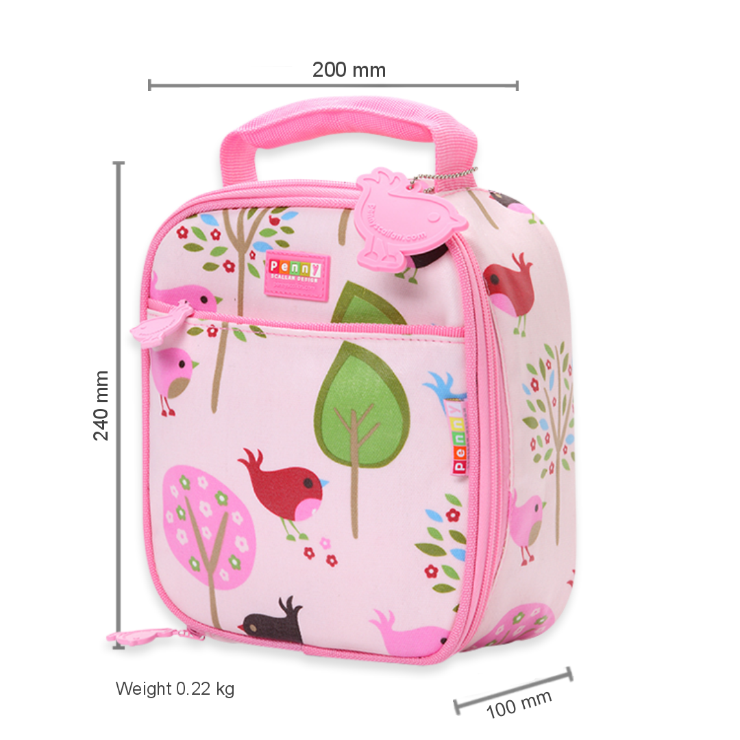 Penny Scallan Mini Insulated Lunch Bag Chirpy Bird with dimension