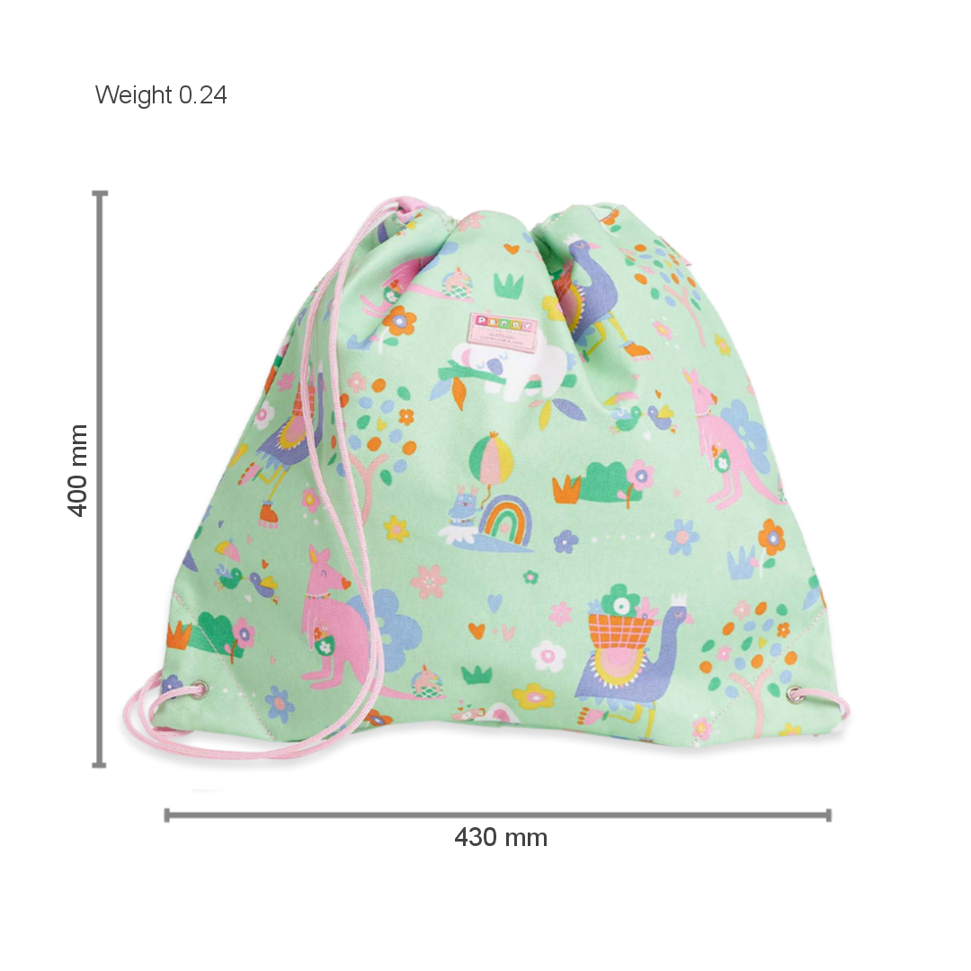 Penny Scallan Drawstring Bag Kipping Koala open view with dimension