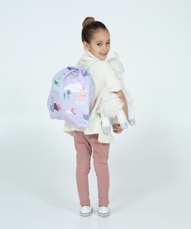Girl wearing a Penny Scallan Drawstring Bag Loopy Llama